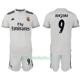 Camisolas de Futebol Real Madrid BENZEMA 9 Criança Equipamento Principal 2018/19 Manga Curta